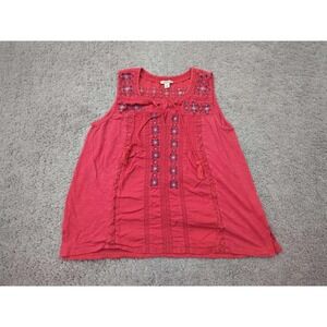 Lucky Brand Swing Top Womens M Red Embroidered Sleeveless Tie Neck Boho